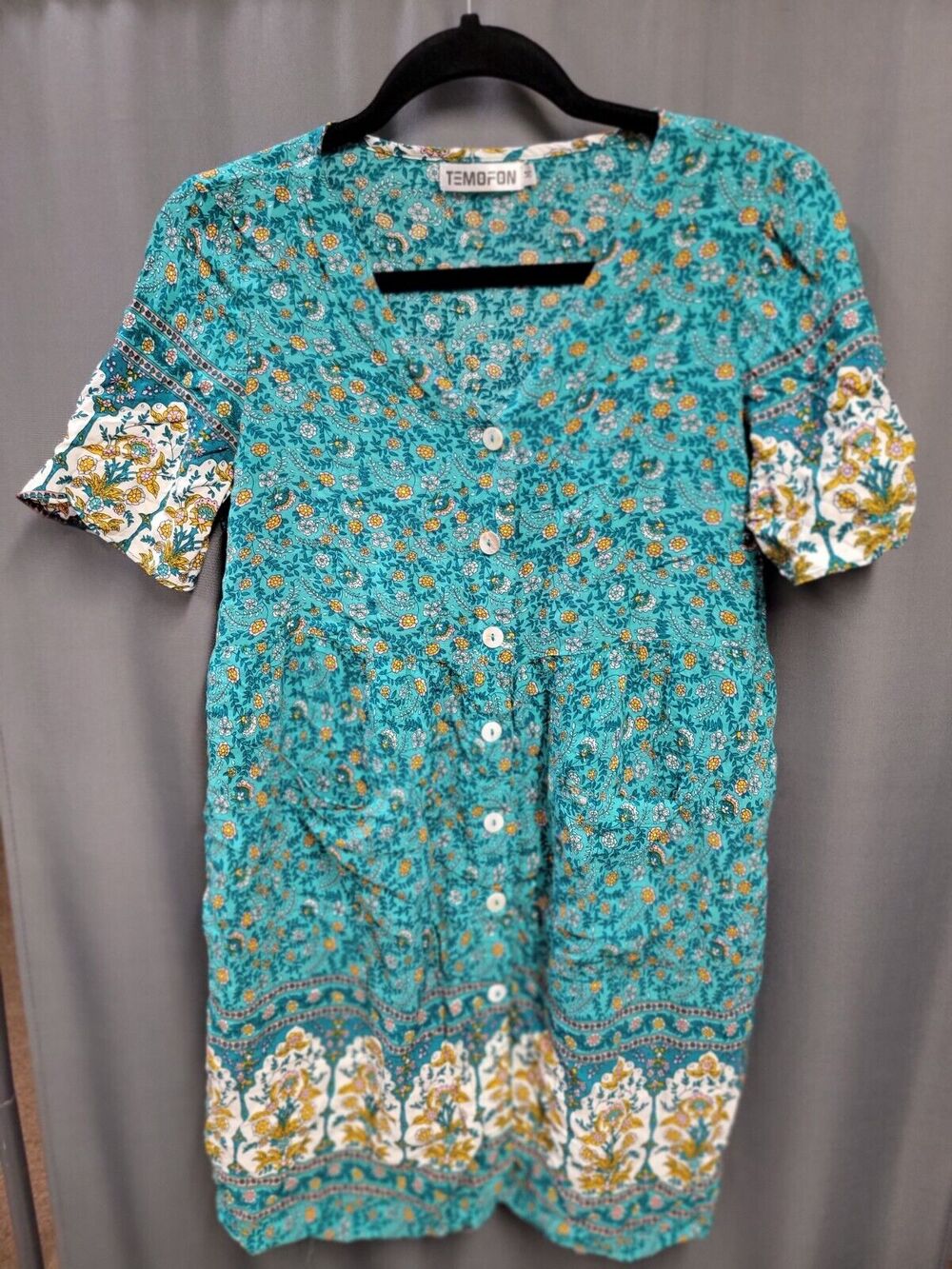 Temofon Summer Mini Dress Women's Medium Blue Floral Print Short Sleeve B82